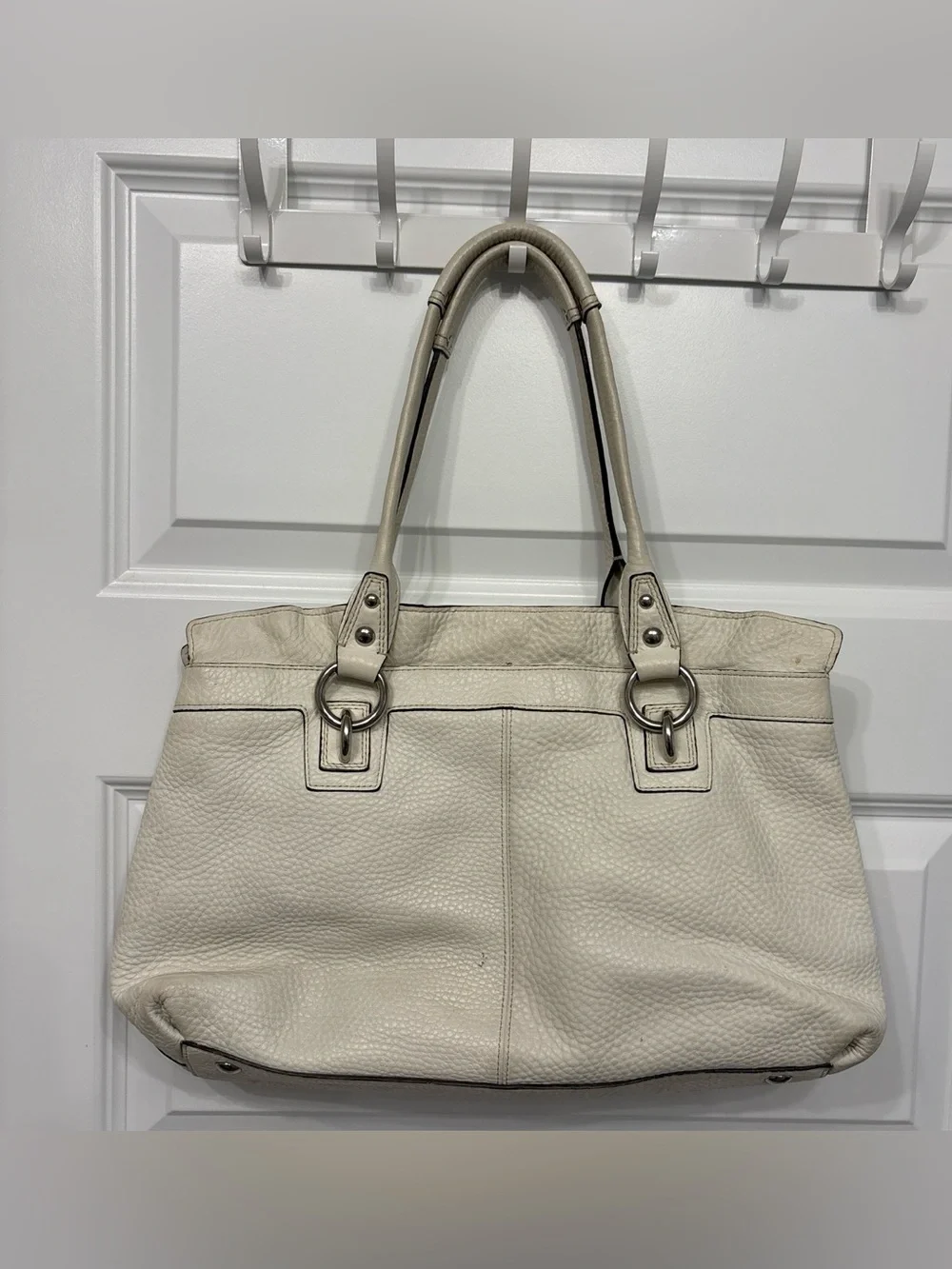 Coach Cream Pebbled Leather Shoulder Tote with Yellow Accents